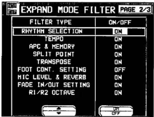 EXP EXP EXP EXP EXP EXP EXP FILTER TYPE ON/OFF RHYTHM SELECTION ON TEMPO ON APC & MEMORY ON SPLIT POINT ON TRANSPOSE ON FOOT CONT. SETTING OFF MIC LEVEL & REVERB ON FADE IN/OUT SETTING ON R1/R2 OCTAVE ON ON OFF