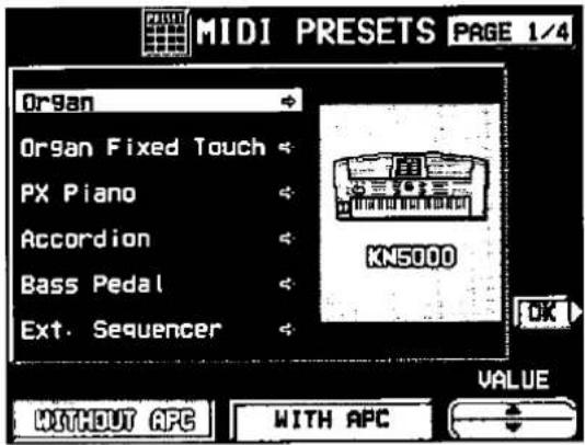 MIDI PRESETS PAGE 1/4 Organ Organ Fixed Touch PX Piano Accordion Bass Pedal Ext. Sequencer KN5000 OK WITHOUT APC WITH APC VALUE