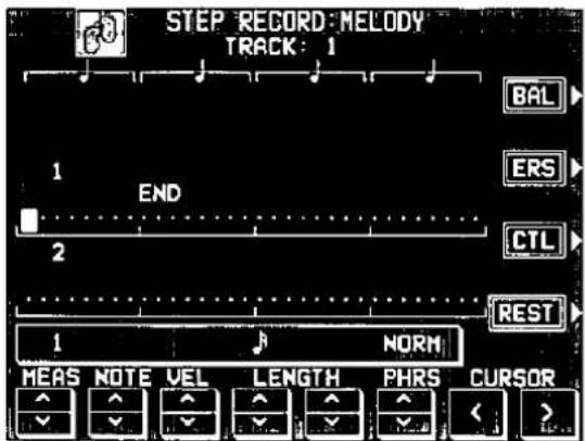STEP RECORD: MELODY TRACK: 1 BAL ERS CTL REST END 2 1 NORM MEAS NOTE VEL LENGTH PHRS CURSOR < >