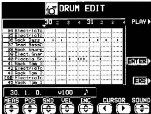 DRUM EDIT 30 2 3 4 31 2 3 4 PLAY 34 ElectricTo 35 ElectricTo 36 Rock Bass 37 Trad Bass 38 Rock Snar 39 Elect. Snar 40 Piccolo Sn 41 Rock Tom 3 42 ElectricTo 43 Rock Tom 2 44 ElectricTo 45 Rock Tom 1 30. 1. 0. v100 MEAS POS SND VEL INC CURSOR SOUND