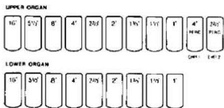 UPPER ORGAN 16' 5½' 8' 4' 2½' 2' 1½' 1½' 1' 4" PING 2½' PING LOWER ORGAN 16' 5½' 8' 4' 2½' 2' 1½' 1½' 1' (###) (###)
