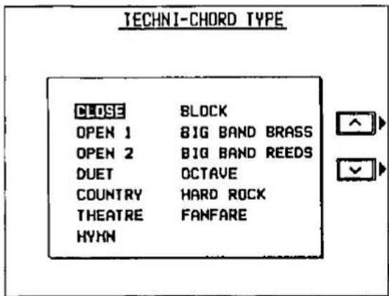 TECHNI-CHORD TYPE CLOSE BLOCK OPEN 1 BIG BAND BRASS OPEN 2 BIG BAND REEDS DUET OCTAVE COUNTRY HARD ROCK THEATRE FANFARE HYKN
