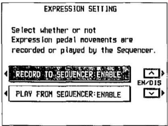 EXPRESSION SETTING Select whether or not Expression pedal movements are recorded or played by the Sequencer. RECORD TO SEQUENCER: ENABLE PLAY FROM SEQUENCER: ENABLE
