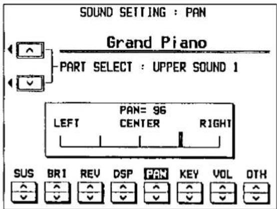 SOUND SETTING : PAN Grand Piano PART SELECT : UPPER SOUND 1 LEFT PAN= 96 CENTER RIGHT SUS BRI REV DSP PAN KEY VOL OTH