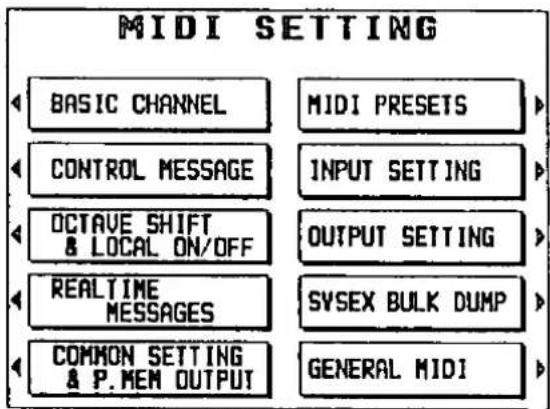 MIDI SETTING BASIC CHANNEL CONTROL MESSAGE OCTAVE SHIFT & LOCAL ON/OFF REALTIME MESSAGES COMMON SETTING & P. MEM OUTPUT MIDI PRESETS INPUT SETTING OUTPUT SETTING SYSEX BULK DUMP GENERAL MIDI