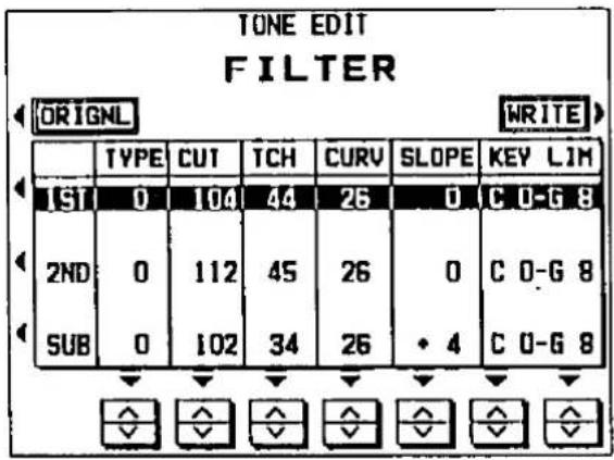 TONE EDIT FILTER ORIGNL WRITE> TYPE CUT TCH CURV SLOPE KEY LIM 1ST 0 104 44 26 0 C 0-G 8 2ND 0 112 45 26 0 C 0-G 8 SUB 0 102 34 26 • 4 C 0-G 8