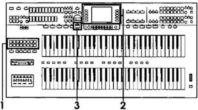 Diagram of an electronic control panel with labeled keys and ports, showing connections between keys and a central display.