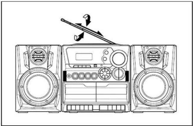 Line drawing of a three-tiered portable radio with speaker and antenna, no text or symbols present