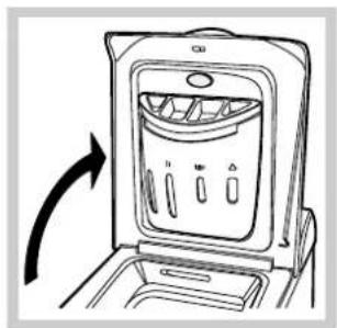 Diagram of a kitchen appliance with a door and drawer, showing a rotating arrow (no text or symbols)