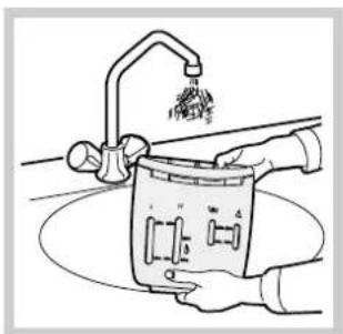 Illustration of hands using a tool to clean or wash a machine (no text or symbols visible)
