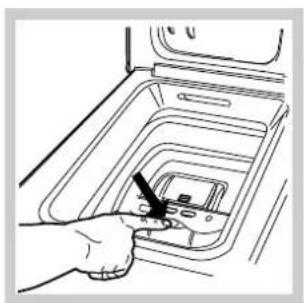Line drawing of a hand inserting a device into a multi-tiered storage unit (no text or symbols visible)