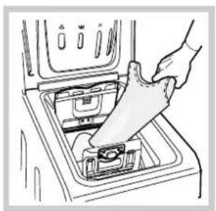 Line drawing of a hand inserting a plastic into a shared drawer (no text or symbols)