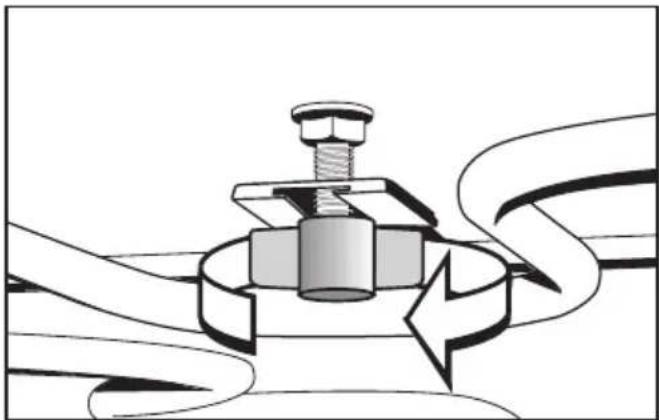 Cross-sectional diagram of a mechanical component with a bolt and rotating arrow (no text or symbols)