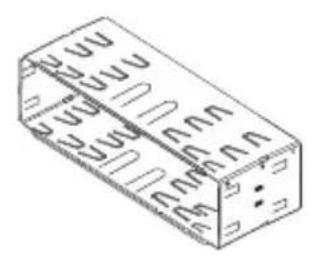 Isometric line drawing of a rectangular electronic component with internal slots and mounting holes (no text or symbols)