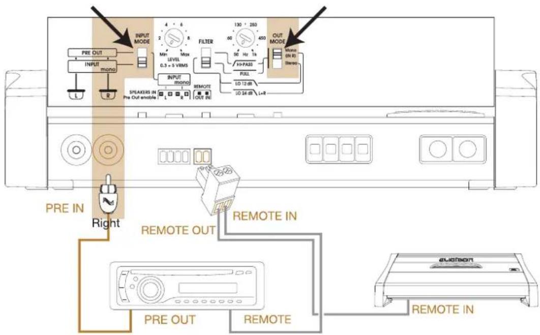 PRE OUT INPUT mono L R SPEAKERS IN Pre Out enable 4 6 2 Min LEVEL 0.3 + 5 VRMS FILTER 130 250 60 450 50 Hz 1k H-PASS FULL 1D 12 dB 1D 34 dB L+R OUT MODE Multi IN R Stacked PRE IN Right REMOTE OUT REMOTE IN PRE OUT REMOTE ALABOON REMOTE IN