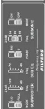 MODE 24dB LG 120 FULL Freq. Freq. 72 PHASE 180 Freq. 24dB ON OFF SUBWOOFER Freq. Sub EQ. PHASE 180 SUBSONIC Frequency, Hz FILTERS