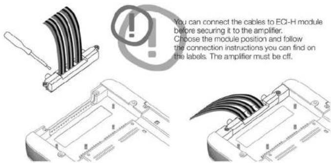 You can connect the cables to ECI-H module before securing it to the amplifier. Choose the module position and follow the connection instructions you can find on the labels. The amplifier must be cff.