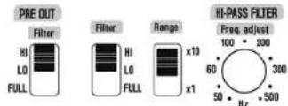 PRE OUT Filter HI LO FULL Filter HI LO FULL Range x10 x1 HI-PASS FILTER Freq. adjust 100 200 60 300 50 Hz +500
