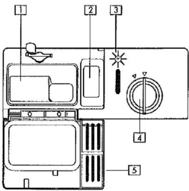 Diagram of a refrigerator interior with numbered parts and labeled controls