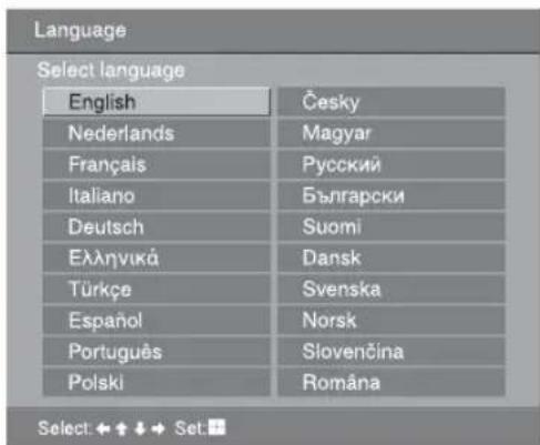 Язык Выберите язык English Cesky Nederlands Magyar Français Русский Italiano Български Deutsch Suomi Еллэнvićá Dansk Türkçe Svenska Español Norsk Português Slovenčina Polski Romána Выбор:←↑↓→Установка: