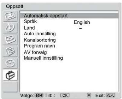 Oppsett Automatisk oppstart Språk: English Land: - Auto innstilling Kanalsortering Programnavn AV-forvalg Manuell innstilling Velge: OK Tilbake: OK Avslutt: MENU