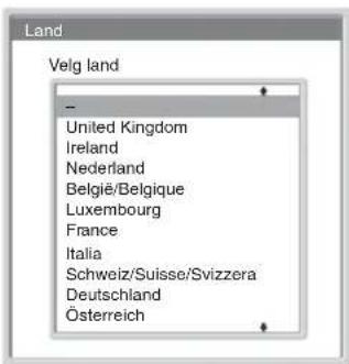 Land Velg land - United Kingdom Ireland Nederland Belgïe/Belgique Luxembourg France Italia Schweiz/Suisse/Svizzera Deutschland Österreich