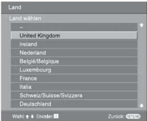 Land Land wählen United Kingdom Ireland Nederland België/Belgique Luxembourg France Italia Schweiz/Suisse/Svizzera Deutschland Wahl: Einstellen: Zurück: RETURN