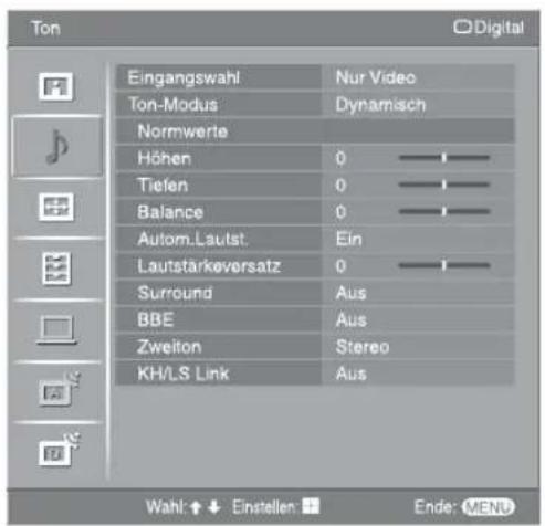 Eingangswahl Ton-Modus Normwerte Höhen Tiefen Balance Autom.Lautst. Lautstärkeversatz Surround BBE Zweiton KH/LS Link Nur Video Dynamisch 0 0 0 Ein Aus Aus Stereo Aus Wahl: Einstellen: Ende: MENU