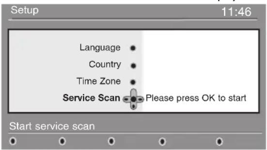 Setup 11:46 Language Country Time Zone Service Scan Please press OK to start Start service scan