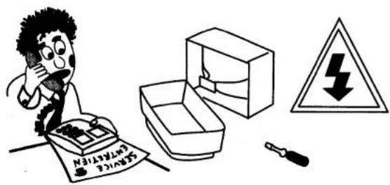Cartoon illustration showing a person reacting to a battery and a warning sign with a lightning bolt symbol, next to an open box and a tool.