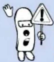 Cartoon character holding a warning sign with an exclamation mark (no text or symbols on the character itself).