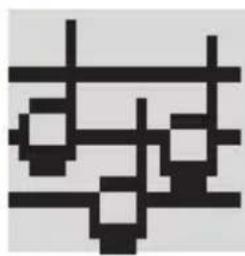 Abstract black-and-white pixelated pattern with horizontal lines and no discernible text or symbols.