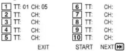 1 TT: 01 CH: 05 2 TT: CH: 3 TT: CH: 4 TT: CH: 5 TT: CH: EXIT 6 TT: CH: 7 TT: CH: 8 TT: CH: 9 TT: CH: 10 TT: CH: START NEXT