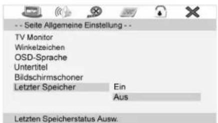 -- Seite Allgemeine Einstellung -- TV Monitor Winkelzeichen OSD-Sprache Untertitel Bildschirmschoner Letzter Speicher Ein Aus Letzten Speicherstatus Ausw.