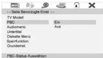 -- Seite Bevorzugte Einst. -- TV Modell PBC Ein Audiomenü Aus Untertitel Diskette Menu Sperrfunktion Grundeinst. PBC-Status Auswählen