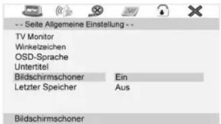 -- Seite Allgemeine Einstellung -- TV Monitor Winkelzeichen OSD-Sprache Untertitel Bildschirmschoner Ein Letzter Speicher Aus Bildschirmschoner