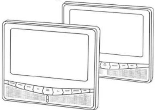 Line drawing of two computer monitors with buttons and a keyboard (no text or symbols)