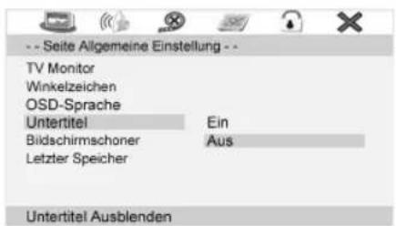 -- Seite Allgemeine Einstellung -- TV Monitor Winkelzeichen OSD-Sprache Untertitel Ein Bildschirmschoner Aus Letzter Speicher Untertitel Ausblenden