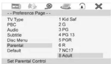 -- Preference Page -- TV Type: 1 Kid Saf PBC: 2 G Audio: 3 PG Subtitle: 4 PG 13 Disc Menu: 5 PGR Parental: 6 R Default: 7 NC17 8 Adult Set Parental Control