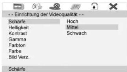 -- Einrichtung der Videoqualität -- Schärfe Hoch Helligkeit Mittel Kontrast Schwach Gamma Farbton Farbe Bild Verz. Schärfe
