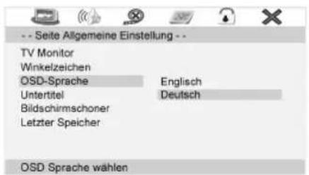 -- Seite Allgemeine Einstellung -- TV Monitor Winkelzeichen OSD-Sprache Englisch Untertitel Deutsch Bildschirmschoner Letzter Speicher OSD Sprache wählen