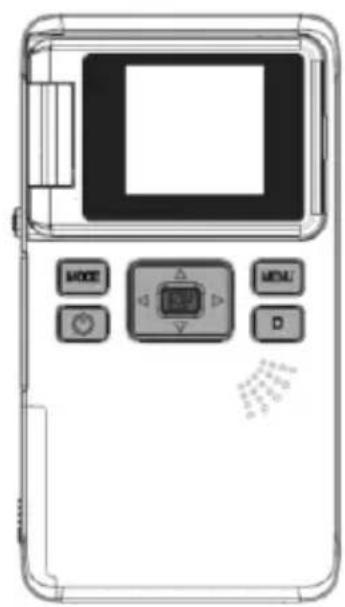 Front view of a digital camera with control buttons and display screen (no text or symbols visible)