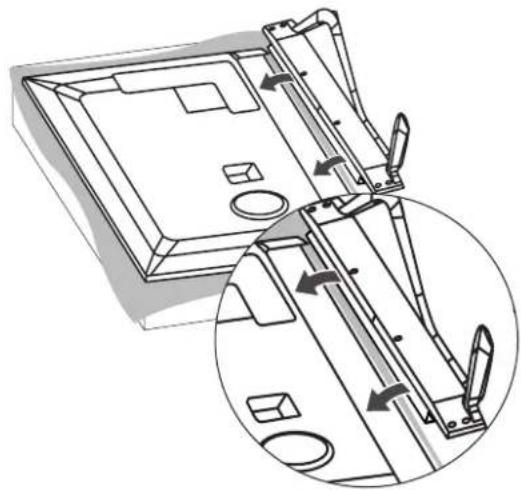 Technical line drawing of a mechanical assembly with arrows indicating motion, showing internal components and assembly steps (no text or symbols).