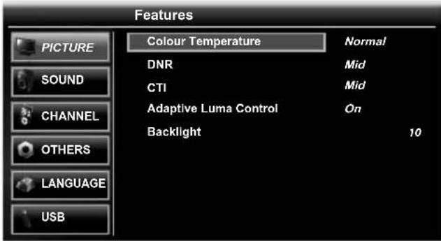 Features PICTURE SOUND CHANNEL OTHERS LANGUAGE USB Colour Temperature Normal DNR Mid CTI Mid Adaptive Luma Control On Backlight 10