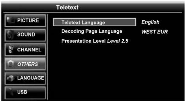 Teletext PICTURE SOUND CHANNEL OTHERS LANGUAGE USB Teletext Language English Decoding Page Language WEST EUR Presentation Level Level 2.5