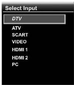 Select Input DTV ATV SCART VIDEO HDMI 1 HDMI 2 PC