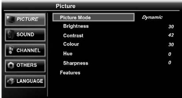 Picture: PICTURE SOUND CHANNEL OTHERS LANGUAGE. Picture Mode: Dynamic. Brightness: 30. Contrast: 42. Colour: 30. Hue: 0. Sharpness: 0. Features