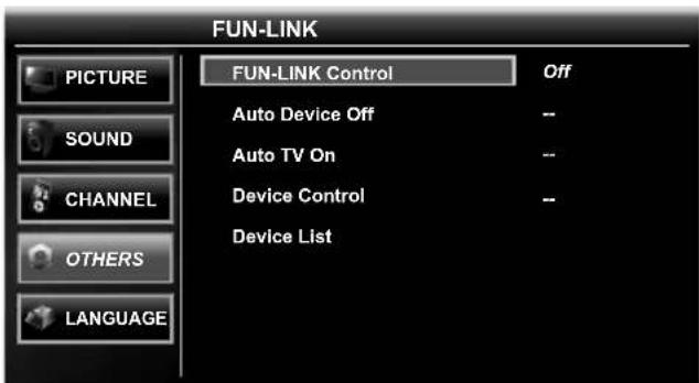 FUN-LINK: PICTURE SOUND CHANNEL OTHERS LANGUAGE. FUN-LINK Control: Off. Auto Device Off: --. Auto TV On: --. Device Control: --. Device List