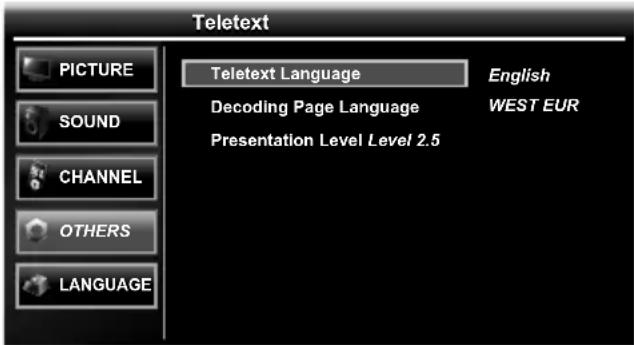 Teletext: PICTURE, SOUND, CHANNEL, OTHERS, LANGUAGE. Teletext Language: English. Decoding Page Language: WEST EUR. Presentation Level: Level 2.5