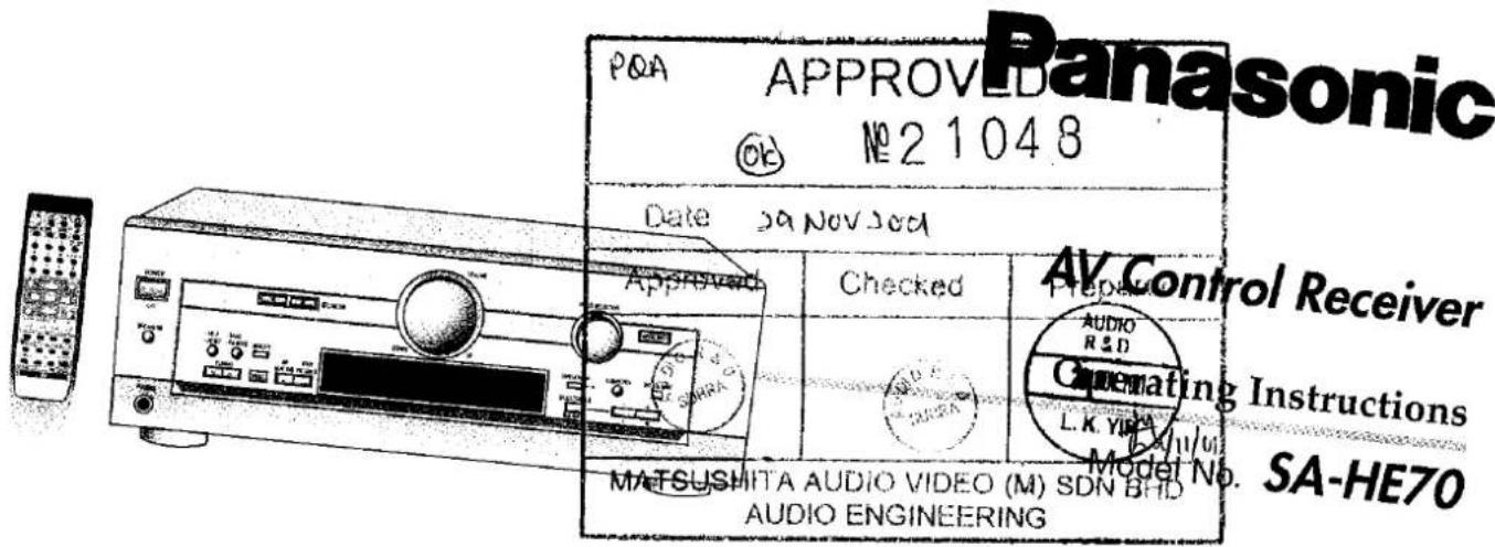 PQA APPROUVÉ, OK No21048, Date 3a Nov 3rd, Approuvé, Vérifié, MATSUSHITA AUDIO VIDEO (M) SDN BHD, INGÉNIERIE AUDIO, Récepteur de contrôle AV, Audio, R&D, Instructions de reconnaissance, L.K.Yi#A, Modèle n° SA-HE70